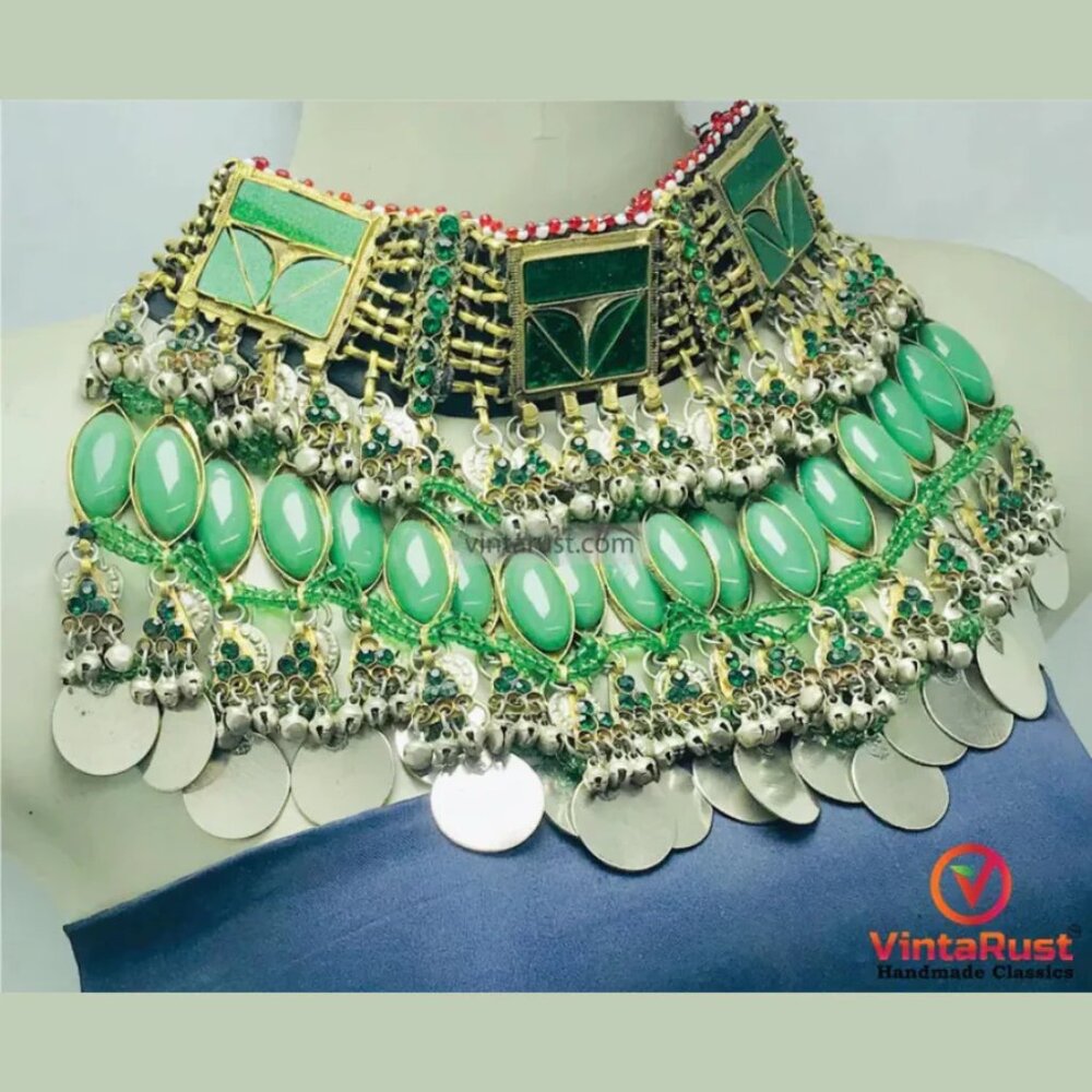 Antique Green Stone Afghan Necklace: Silver Kuchi Tribal Boho Statement - Picture 2 of 9